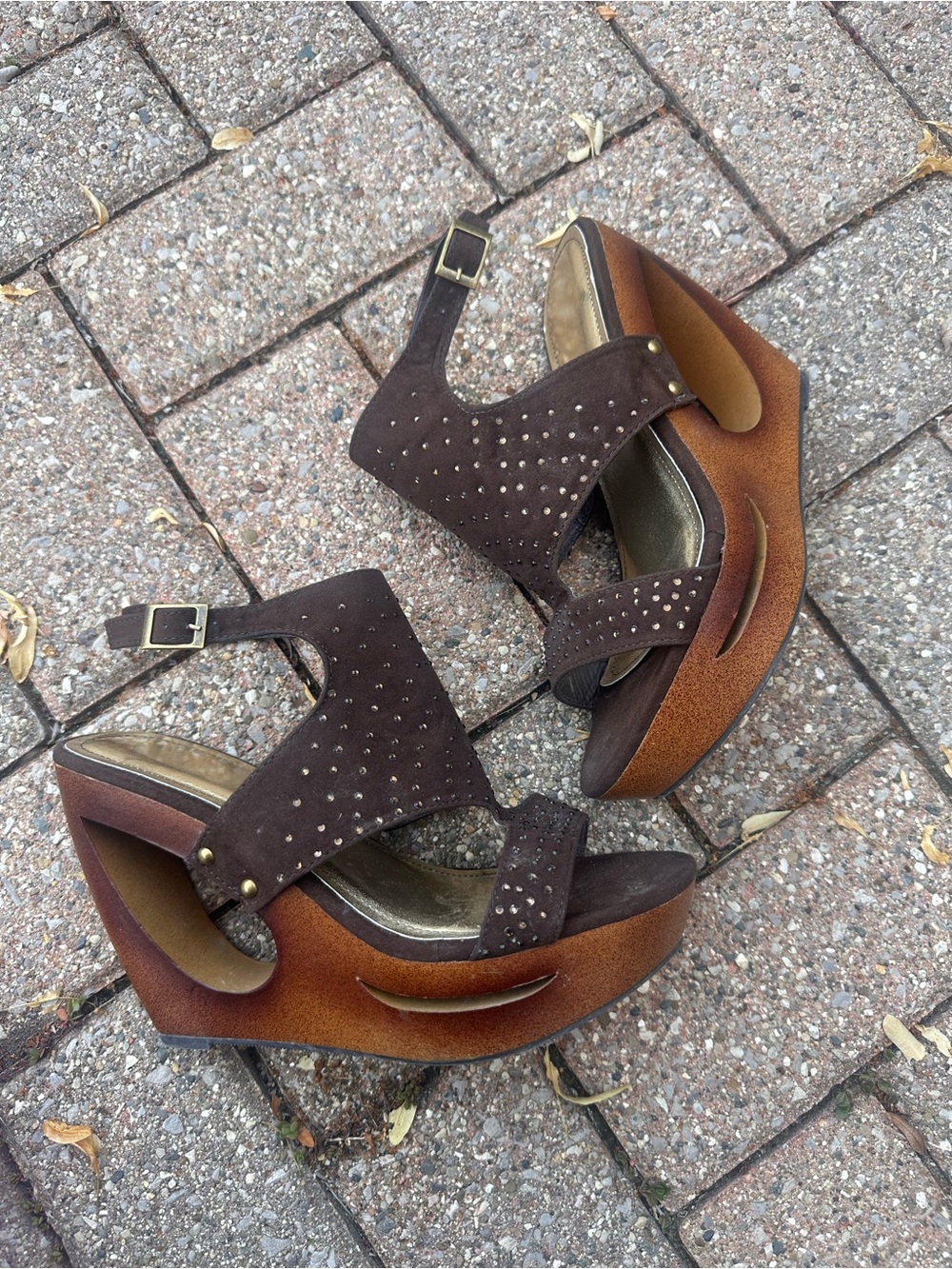 Brown Faux Suede Studded Wedge Wood Heel Sandals Size 8.5